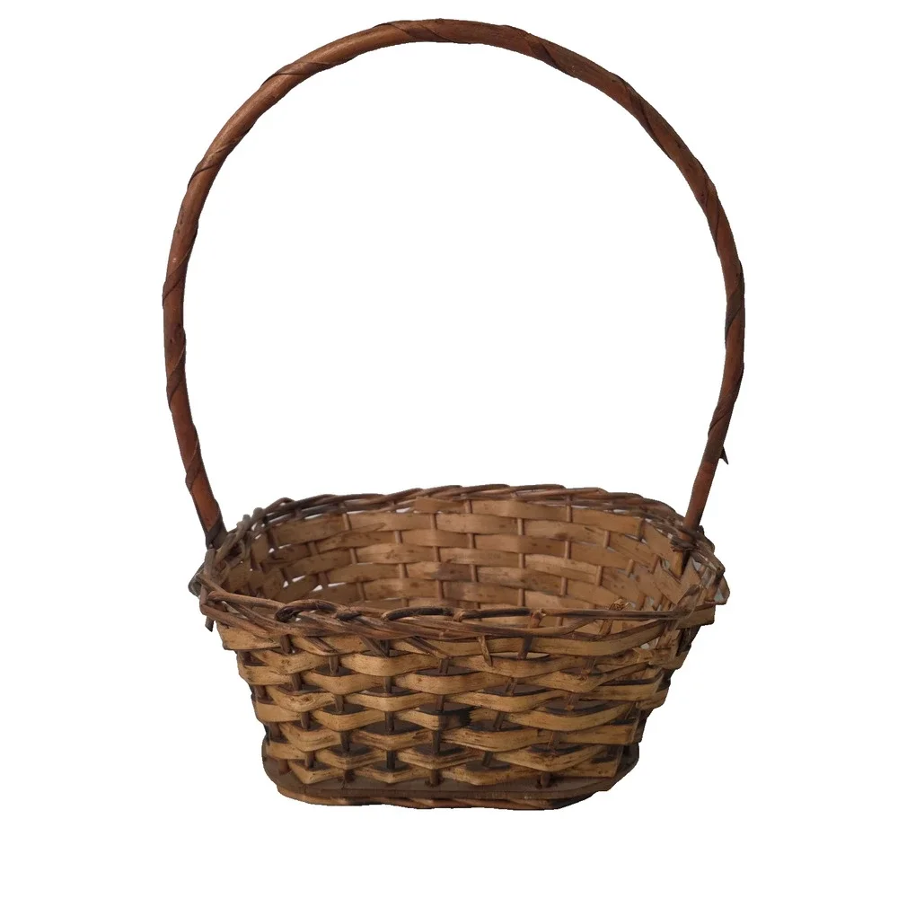 Vintage Woven Wicker Gathering Basket with High Loop Handle Oval Rustic Decor